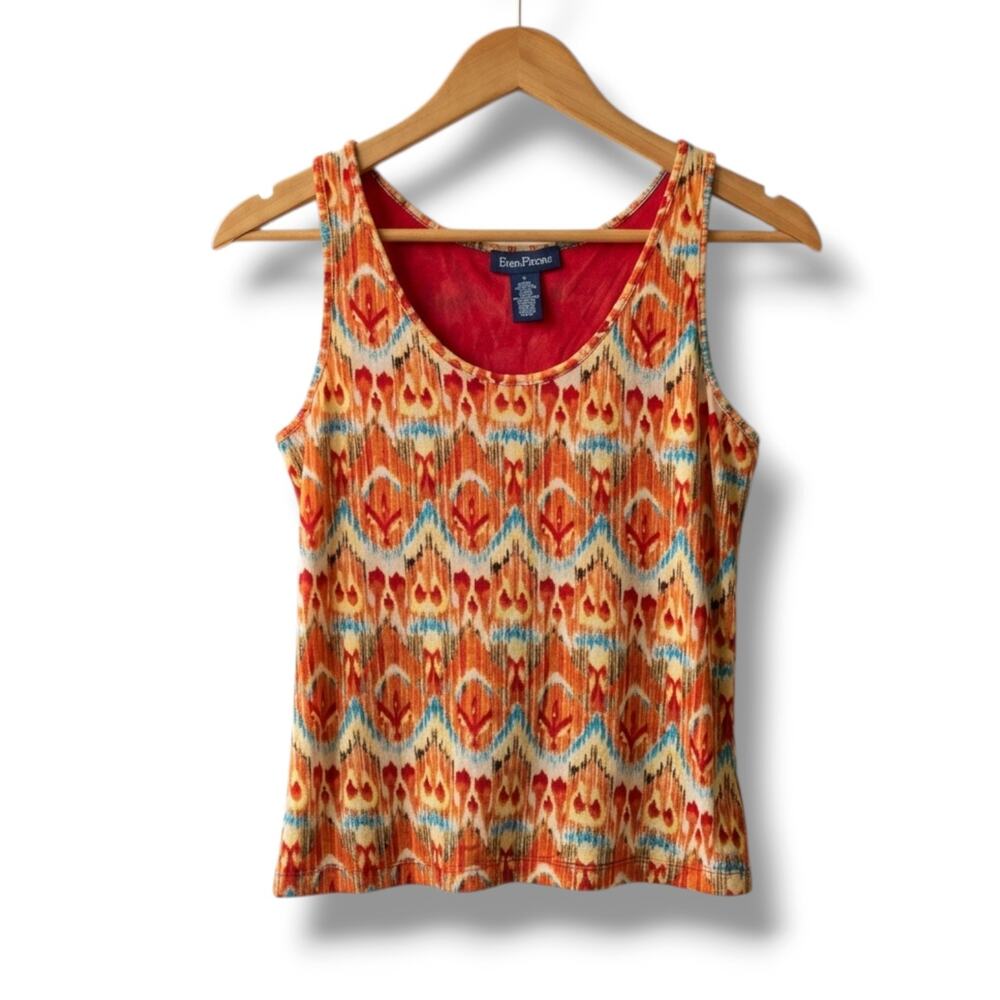 Evan-Picone Orange Ikat Mesh Overlay Tank Top Lined Sleeveless Blouse Large